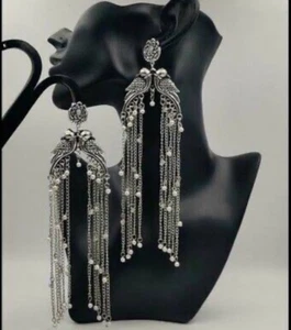 Chandler Oxidised Silver Sleek Long Multi Chain Statement Earrings - Picture 1 of 2