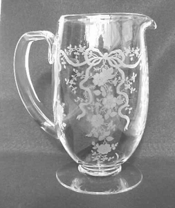 Fostoria "Romance" 8" FOOTED PITCHER Etched Bows, Ribbons & Flowers - Picture 1 of 3