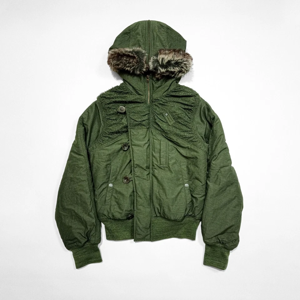 diesel fishnet detail fur hooded bomber jacket S OLIVE DESIGNER Y2K MILITARY PRM - Image 1 of 4
