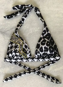 SPLIT SMALL 2/4 Halter Triangle Bikini Swim Top Black White Embellished Sequins - Picture 1 of 9