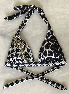 Top de natación de bikini triángulo halter 2/4 SPLIT SMALL 2/4 negro blanco adornado lentejuelas Foto 1 de 4