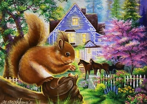 Limited Edition ACEO PRINT Squirrel Spring Blossom Garden Cottage M. Mishkova - Picture 1 of 1