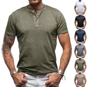 Mens Solid Casual Button T-shirt Slim Fit Short Sleeve Blouse Tops Tees Workout - Picture 1 of 28