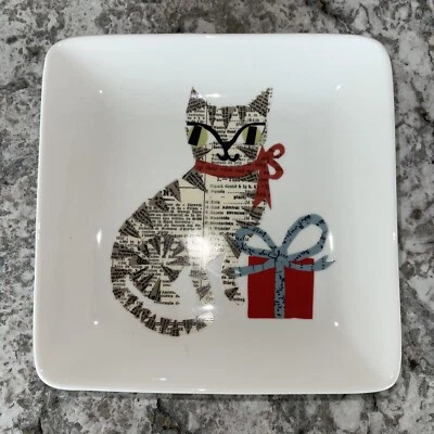 NUEVO Plato de postre Pottery Barn Christmas Denise Fiedler gres caprichoso gato Foto 1 de 2
