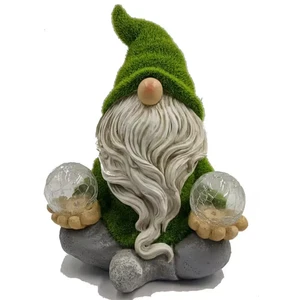 Solar Bearded Grassy Meditation Gnome in Green/White Dual Orbs Outdoor Decor 12" - Picture 1 of 2