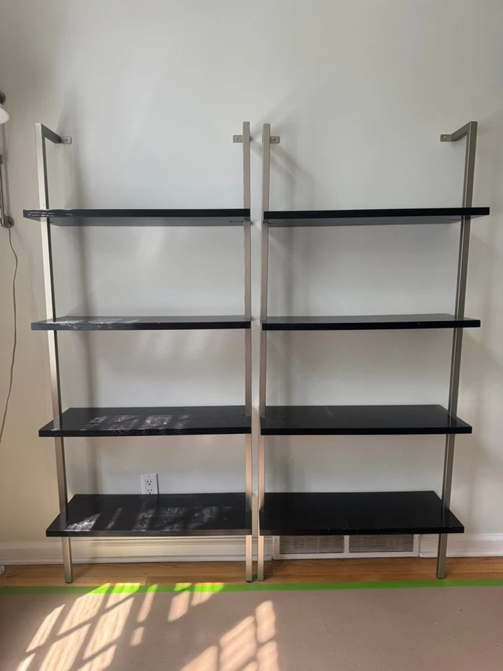 Bookshelf Bookcase Display Shelves: Dark Wood w/ Brushed Steel Frames (Set of 2) - Image 1 of 3
