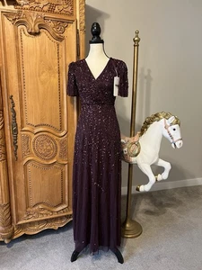 Neu mit Etikett Mac Duggal 4 lila 35109 Flatterärmel Pailletten Perlen Kleid Dress aubergine - Bild 1 von 12