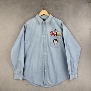 Vintage Warner Bros Denim Shirt Men’s Size XL Blue Looney Tunes Button Up - Picture 1 of 11