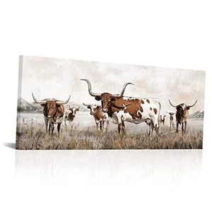 Large Longhorn Canvas Wall Art Texas Decor Western Farmhouse Cow Cattle - Picture 1 of 7