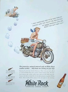1942 White Rock Sparkling Water Soda Print Ad Lady Riding WWll Motorcycle  - Picture 1 of 1