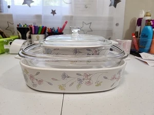 Vintage Corning Ware 1L & 2,5L Auflaufformen mit Deckel Pastell Bouquet 2er Set      - Bild 1 von 2