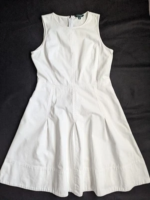 Ralph Lauren Green Label White Cotton Fit & Flare Dress Side Pockets Size 10 - Image 1 of 4