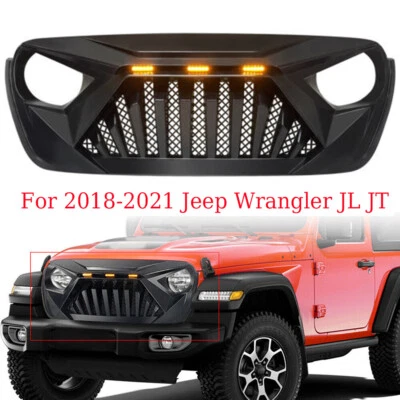 Matte Black Front Goliath Grille w/ 3 Amber Lights For 18-21 Jeep Wrangler JL JT Foto 1 de 4