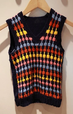 Vintage Strick Pullunder dunkelblau rosa hellblau rot gelb Gr. 92 handgestrickt - Bild 1 von 4