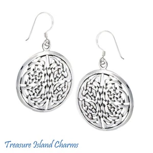 Large Celtic Dara Knot Round 925 Sterling Silver French Wire Dangle Earrings - Picture 1 of 1