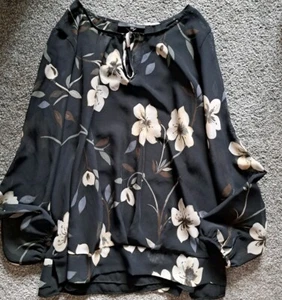 NEXT Ladies TOP Blouse BLACK Floral TIE Neck UK 14 Button LONG Sleeve CAMISOLE - Picture 1 of 9