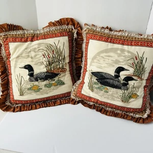 Pair of Square Vintage Loon Design Decorative Throw Pillow Hunting Lodge Cabin - Picture 1 of 4