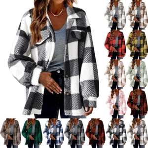 Women Casual Winter Shirt Top Ladies Check Fleece Jacket Oversized Shacket Coats - Picture 1 of 21