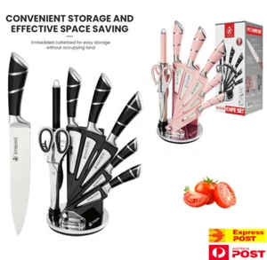 9× Stainless Steel Kitchen Knife Set with 360º Rotating Knife Block (Pink/Black) - Picture 1 of 14