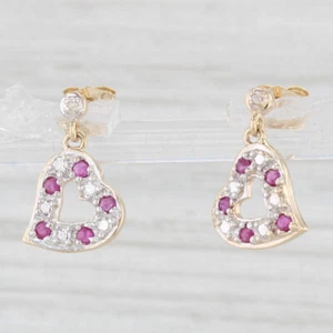0.20ctw Ruby Diamond Heart Dangle Earrings 10k Yellow Gold - Picture 1 of 6