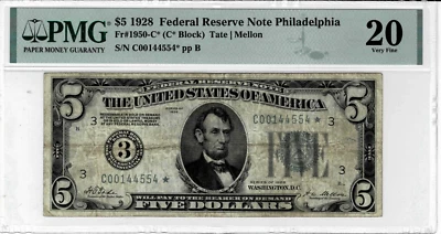 1928 $5 Federal Reserve*STAR*note-(Philly) fr.1950-C*--PMG 20--Scarce 1 of 9 - Image 1 of 4