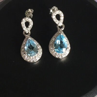 BLUE TOPAZ AND CUBIC ZIRCONIA STERLING SILVER 925 EARRINGS Made In Thailand - Image 1 of 4