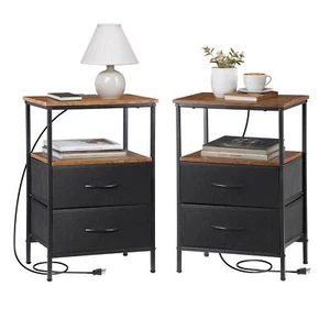 Set of 2 Nightstand w/ Charging Station USB Outlets Fabric Drawer Bedside Tables - Picture 1 of 24