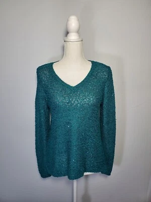 APT. Suéter Pullover 9 Verde Esmeralda Brillante Lentejuelas Talla Pequeña Grande PL. Foto 1 de 4