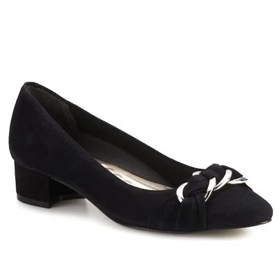 Walking Cradles Brita Black Suede Blocked Heel Pump Size 7.5 WW - Image 1 of 4