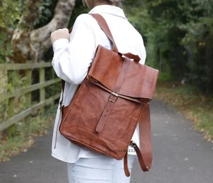 Personalised Vintage style Handmade Leather Rolltop Rucksack Backpack Unisex - Picture 1 of 8