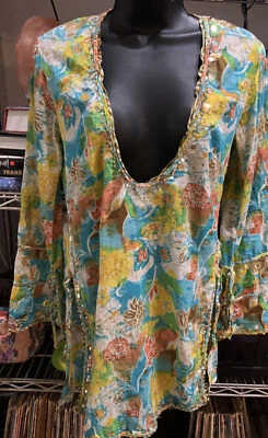 Letarte ручной работы прикрыть синий желтый цветок туника размер S/M - Изображение 1 из 4