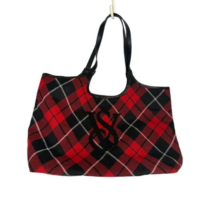 Victoria’s Secret Argyle Plaid Red Black Shopper Tote Bag VS Logo 15×11×5 - Image 1 of 4