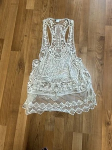 SOLD Vivid Importers Tank Embroidered Crochet Trim Fringe Boho Hippie Festival - Picture 1 of 5
