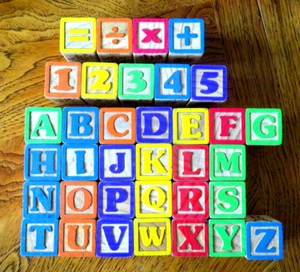Complete 26 Alphabet Wood 1 3/4" Blocks in Box + 5 Number + 4 Math Blocks, 5 XTR - Picture 1 of 11