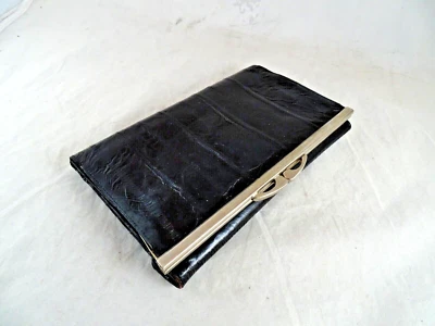 Cartera sin asas plegable vintage negra genuina PIEL DE ANGUILA noche graduación herrajes plateados Foto 1 de 4