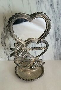 Vintage Heart Earring Holder Mirror Tray Flowers Cute