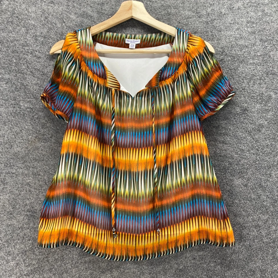 Rebecca Malone Blouse Women PS Petite Orange Striped Tasseled Cold Shoulder - Image 1 of 4