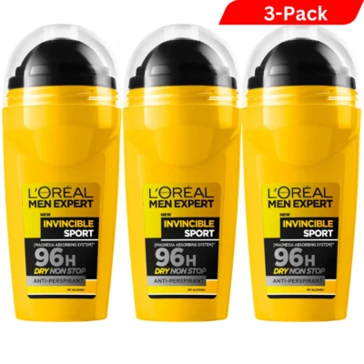 3 x Loreal Men Expert Deodorant 96H Invincible XXL Sport Deo-roll-on, 50 ml - Image 1 of 2