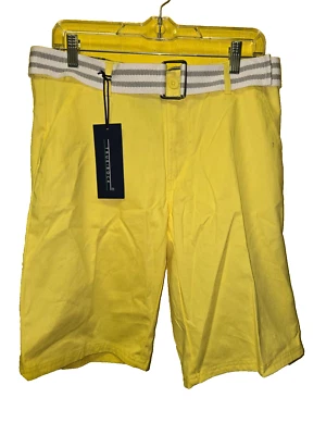 Shorts masculino True Rock ajuste clássico com cinto algodão amarelo - tamanho 32 costura interna 10" novo com etiquetas - Imagem 1 de 4
