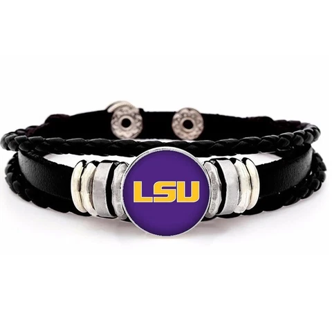 Purple LSU Tigers Mens Womens Black Leather Bracelet w GiftPk D14 Cover