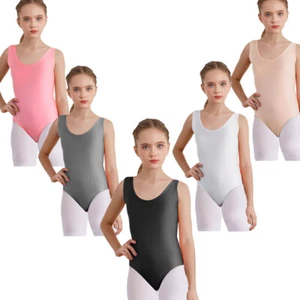 Kids Girls Bodysuit Solid Color Jumpsuit Training Leotard Unitard Ballet Stage - Picture 1 of 39