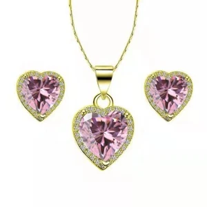 18k Yellow Gold Heart 3Ct Created Pink CZ Full Set Necklace 18 inch Plated - Picture 1 of 1