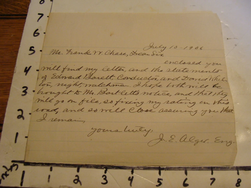 Vintage letter: TO FRANK W. CHASE FROM J. E. ALGER, 1906, RAILROAD CORRESPOND. - Image 1 of 1