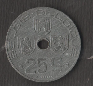   BELGIUM    25 CENTS 1945 ZINC - Picture 1 of 2