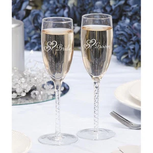 BRIDE & GROOM ETCHED CHAMPAGNE GLASSES TOASTING  FLUTES SET OF 2 VICTORIA LYNN - Picture 1 of 2