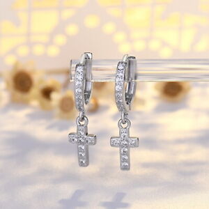 925 Silver Full Cubic Zirconia Cross Hoop Earrings Drop Dangle Women Jewelry New
