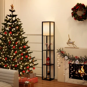 Wood Floor Lamp with Shelves Standard Light Storage Reading Light Bedroom Home - Picture 1 of 7