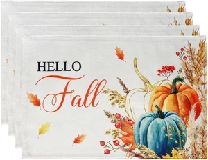 4 PCS Fall Placemats, Pumpkin Hello Fall, Cotton Linen Woven, Heat-Insulated - Picture 1 of 7