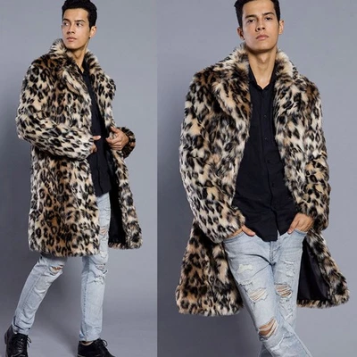 Leopard Men's Faux Fur Jacket Coat Mid Long Parka Thicken Outwear Winter Clothes - Image 1 of 4