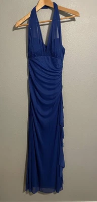 Vestido Blondie Nites Para Mujer 7 Azul Halter Cuentas Acanalado Volantes Noche Baile de graduación Y2K Foto 1 de 4